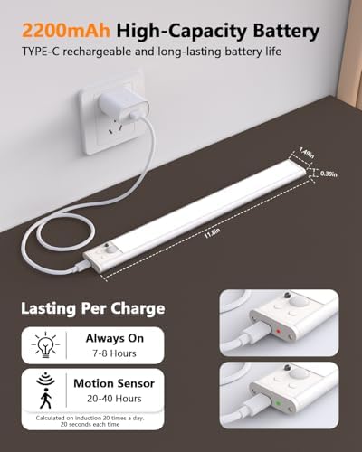 Wireless Under Cabinet Lights, 2 Pack, 2200mAh Rechargeable