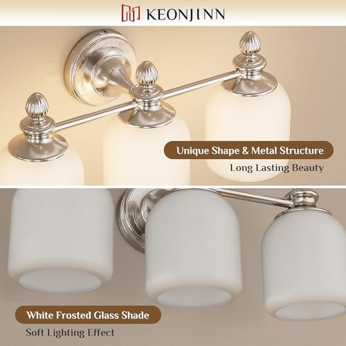 Keonjinn 3-Light Brushed Nickel Vintage Bathroom Light Fixtures Over