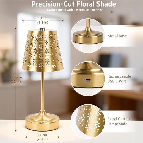 Cordless Table Lamp with Floral Cutout Shade, Gold