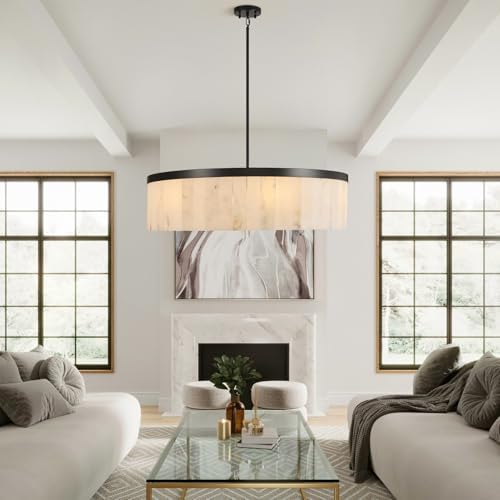 42" Round Alabaster Chandelier, Black Marble