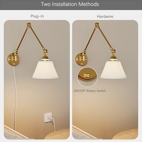Gold Plug-in Swing Arm Wall Sconces, 2 Pack