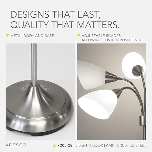 Adesso Floor Lamp, 5 Movable Shades, Brushed Steel Finish