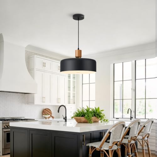 15.8" Black Pendant Light, Walnut Oak Wood and Brass