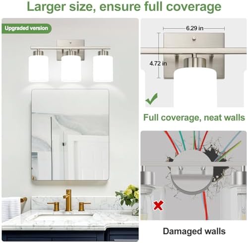 3-Light Brushed Nickel Bathroom Vanity Light with Milk Glass Shades