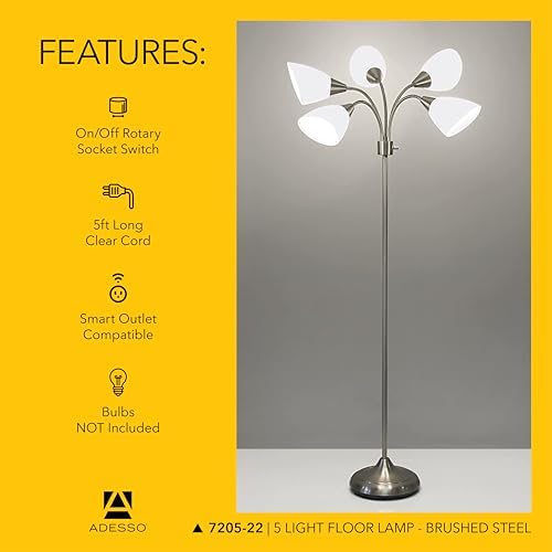 Adesso Floor Lamp, 5 Movable Shades, Brushed Steel Finish