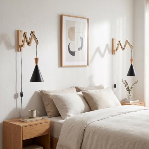 Wooden Scissor Swing Arm Plug-in Wall Sconce, Black