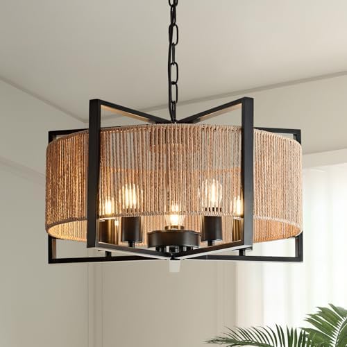 19.7" Black Rattan Chandelier, Modern Dining Light Fixture