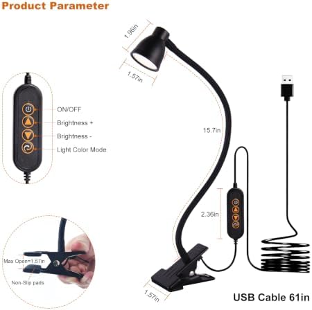 LED Clip-On Clamp Desk Lamp, 3 Color, Black