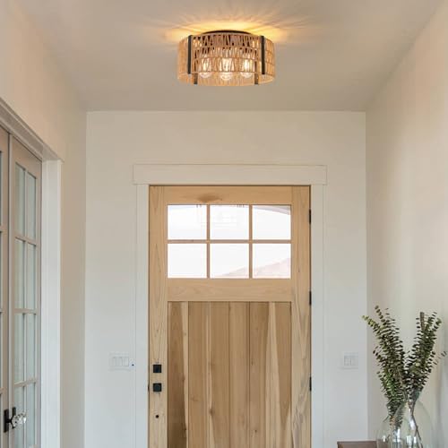 4-Light Rattan Farmhouse Flush Mount Ceiling Light, 17.7"