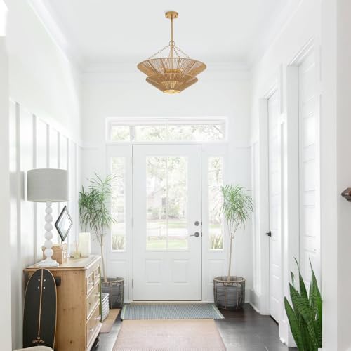 5-Light Gold Rattan Chandelier, Farmhouse Pendant Light