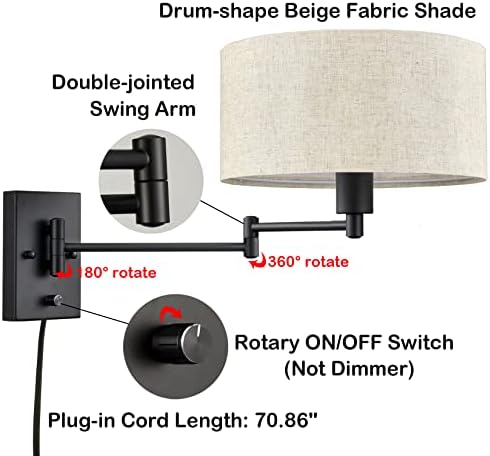 SAMTEEN Plug-in Swing Arm Wall Sconce, Linen Shade