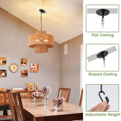 19.7 Inch 3-Light Rattan Pendant Light