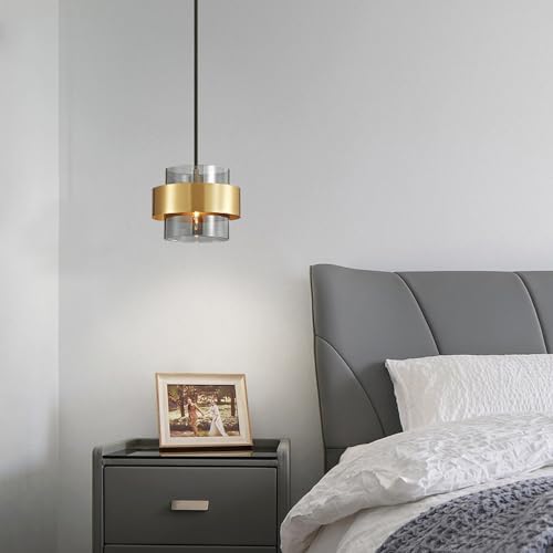 Mid-Century Gold Drum Glass Pendant Light, Amber Smoke Grey