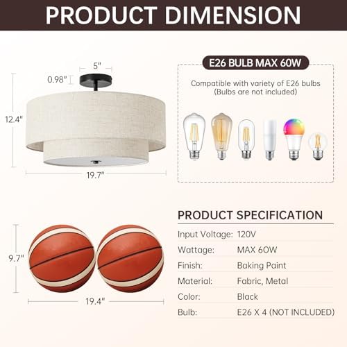 4-Light Semi Flush Mount Ceiling Light, 19.7 Inch