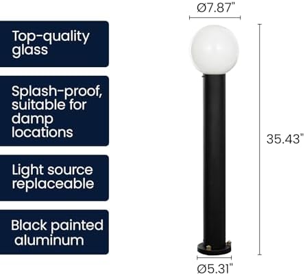 35.5" Black Outdoor Bollard Light, Opal Glass Globe