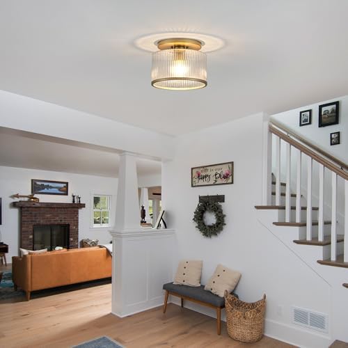 Zlepmlla Ribbed Glass Semi Flush Mount Ceiling Light, Gold