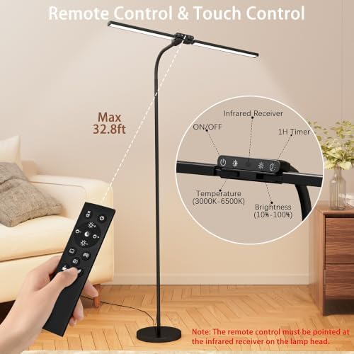 SIBRILLE 24W Dual-Head LED Floor Lamp, Dimmable Remote