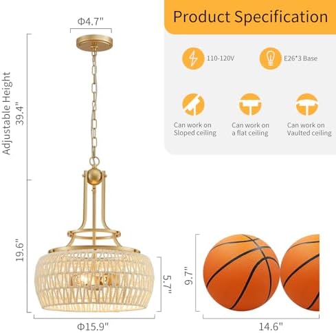 WUZUPS Gold Rattan Pendant Light 19.6 x 15.9 in