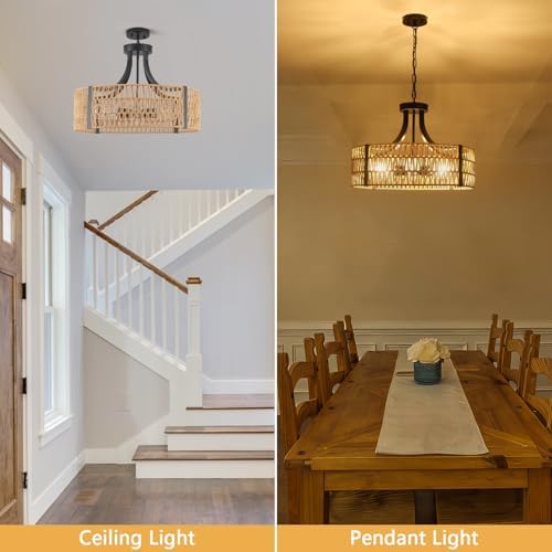 Large Farmhouse Rattan Chandelier, 6-Light