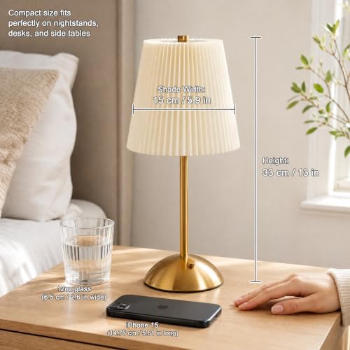 Rechargeable Cordless Table Lamp, 3-Color Dimmable, Beige Shade