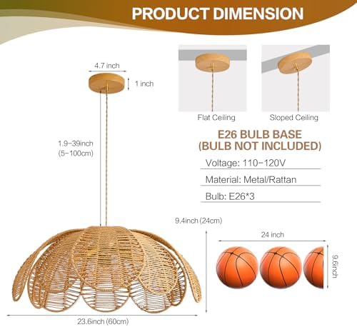 24" Farmhouse Chandelier, 3-Light Rattan