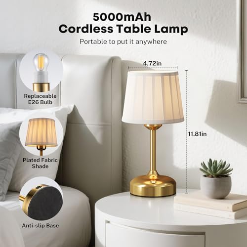 Mini Cordless Table Lamp, 5000mAh, Fabric Shade