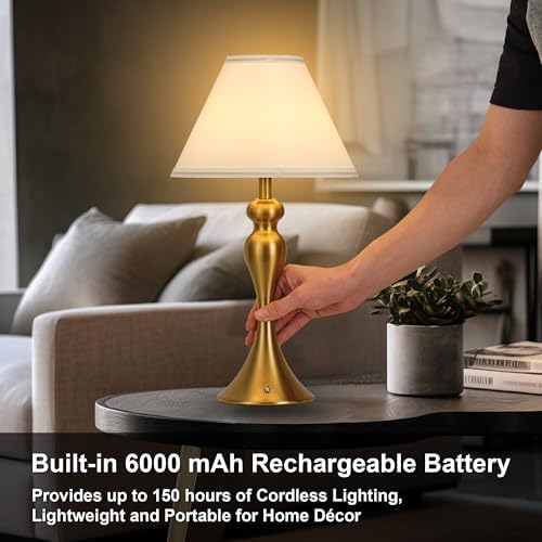 Cordless Rechargeable Table Lamp, Fabric Shade, Brass