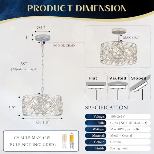 12" Chrome 4-Light Crystal Drum Chandelier