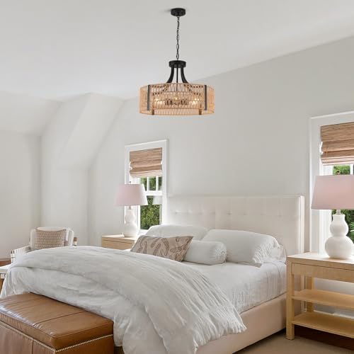 Large Farmhouse Rattan Chandelier, 6-Light