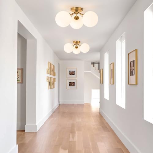 Gold Opal Globe Mid-Century Semi Flush Mount Ceiling Light