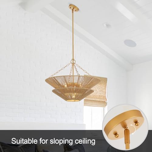 5-Light Gold Rattan Chandelier, Farmhouse Pendant Light