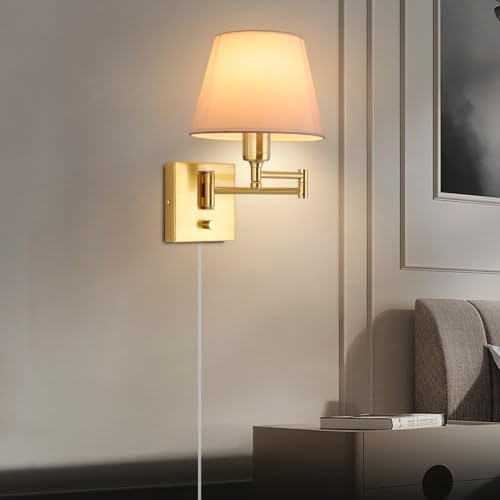 Gold Swing Arm Wall Lamp, White Fabric Shade