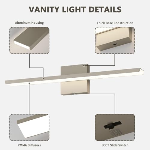 JUSHENG Brushed Nickel Vanity Lights for Bathroom Light Fixtures 5CCT
