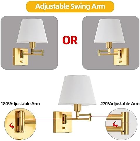 Gold Swing Arm Wall Lamp, White Fabric Shade