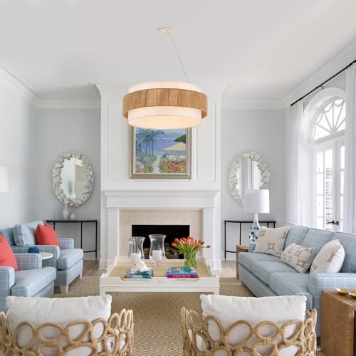 30” Fabric Rattan Chandelier, Off-White