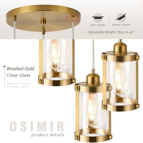 Brushed Gold 3-Light Cluster Pendant Chandelier, Clear Glass