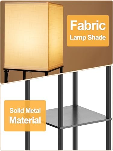 Floor Lamp with Shelves, 3 CCT LED Bulb, White Linen Shade