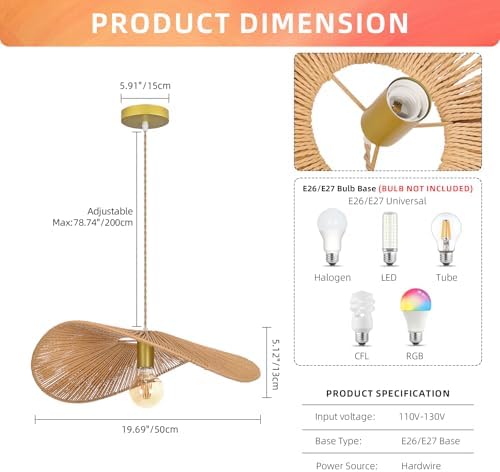 Arturesthome 19.68-Inch Boho Rattan Pendant Light