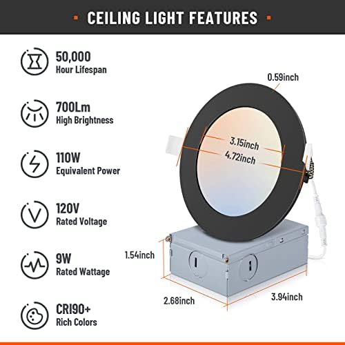 POWERASIA 2 Pack 4 Inch LED Recessed Lighting, 5CCT Canless Wafer