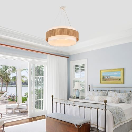30” Fabric Rattan Chandelier, Off-White