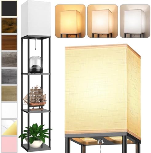 Floor Lamp with Shelves, 3 CCT LED Bulb, White Linen Shade