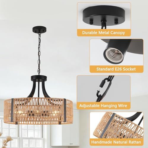 Large Farmhouse Rattan Chandelier, 6-Light