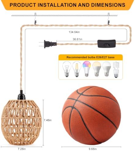 FRIDEKO HOME Rattan Plug-in Pendant Light, 15ft Cord
