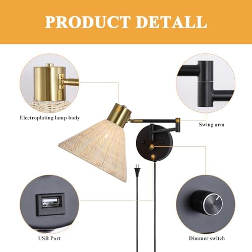 Plug-in Rattan Swing Arm Wall Sconce, Black