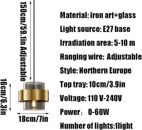 Mid-Century Gold Drum Glass Pendant Light, Amber Smoke Grey