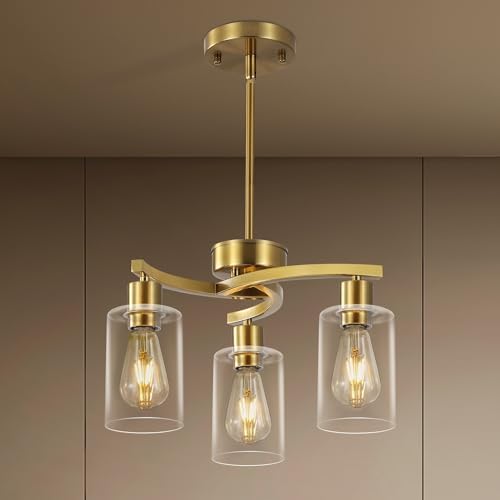 3-Light Brushed Gold Chandelier with Clear Glass Shade