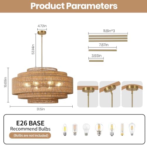 31.5" Large Rattan Chandelier, 8-Light Boho Drum Light