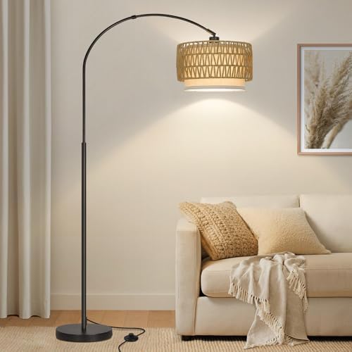Rattan Arc Floor Lamp with Adjustable Fabric Shade