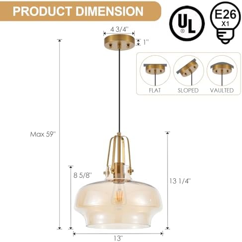 13" Amber Glass Industrial Pendant Light
