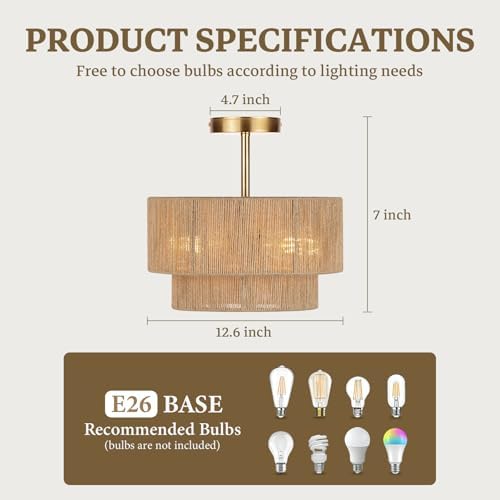 3-Light Rattan Semi Flush Mount Ceiling Light, 12.6''